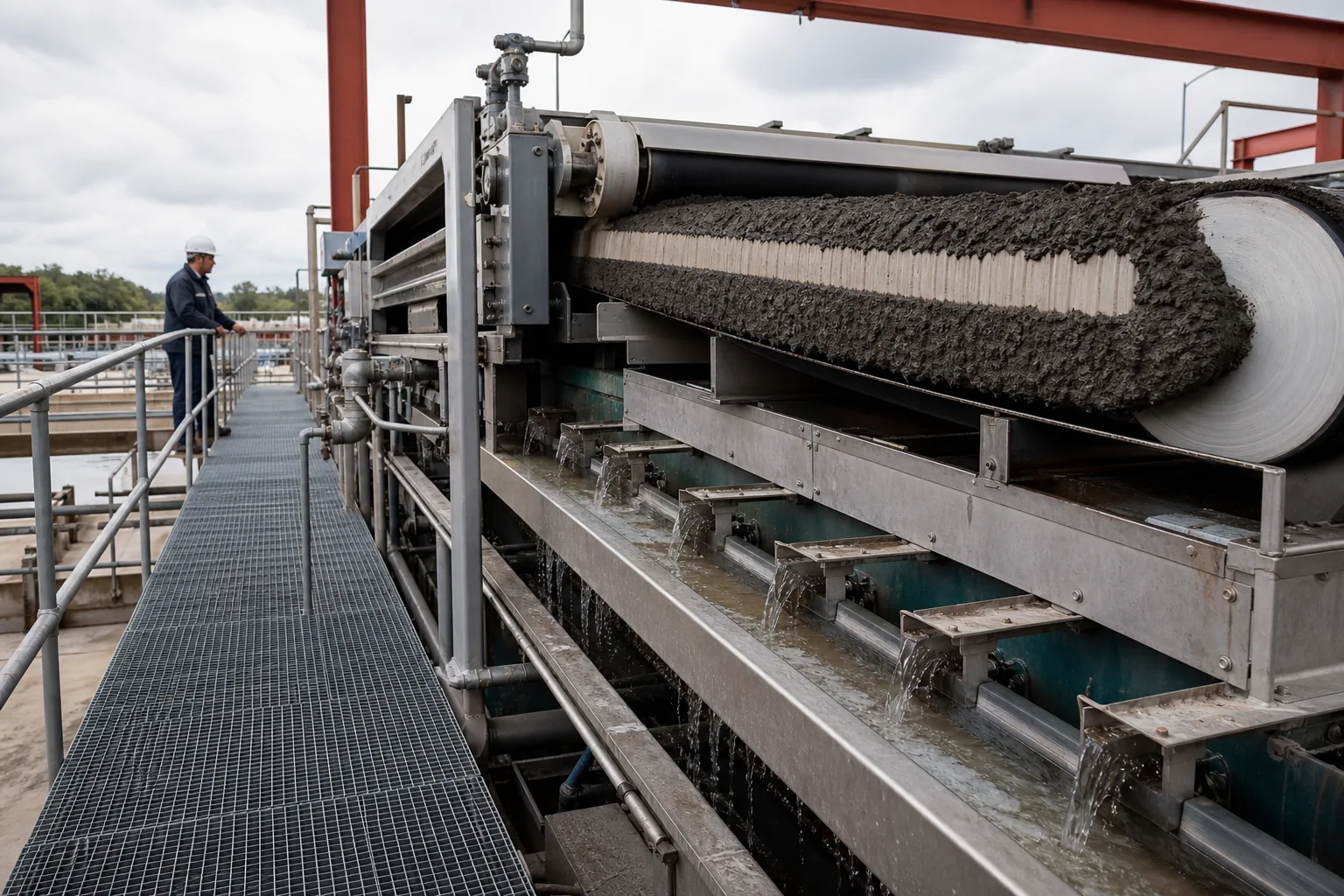 Illustrative sludge dewatering belt press